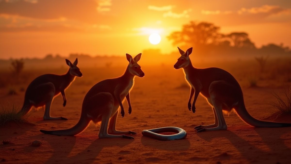 Das australische Outback bei Sonnenuntergang mit Kängurus und einem Boomerang auf dem Boden.