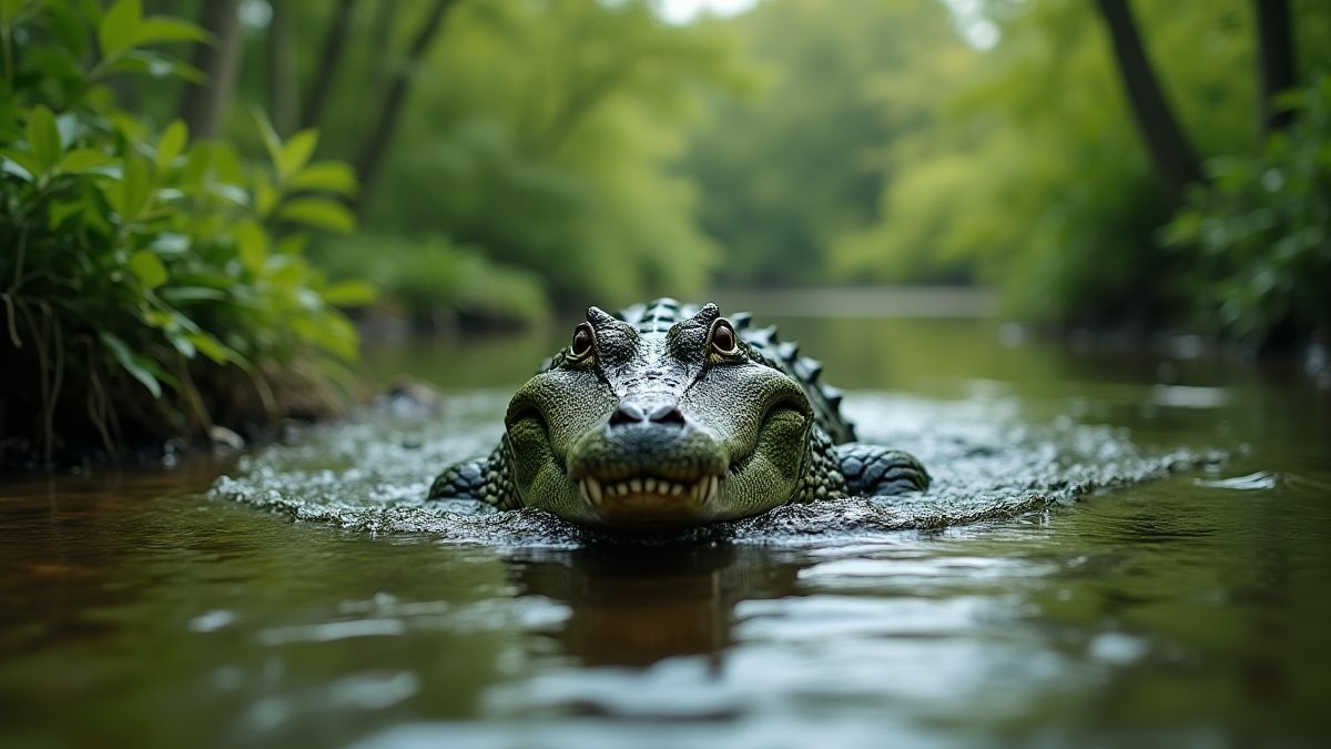 Ein Krokodil, das aus einem Fluss auftaucht, umgeben von üppigem Grün.