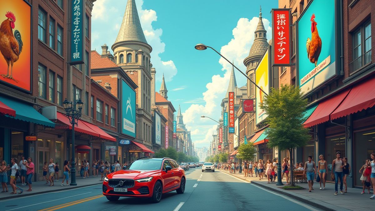 A city street filled with signs and cars reflecting the theme of Crosstown Chicken.