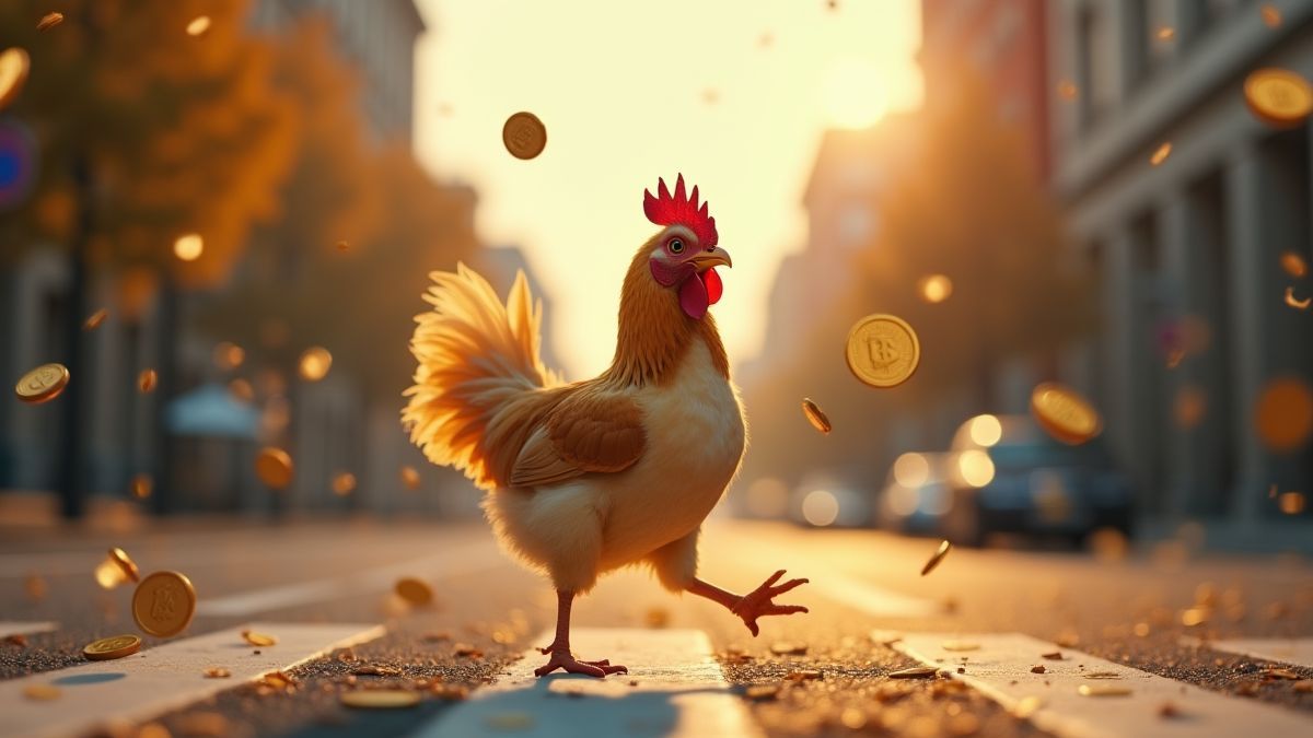 A chicken crossing the street while gold coins rain down.