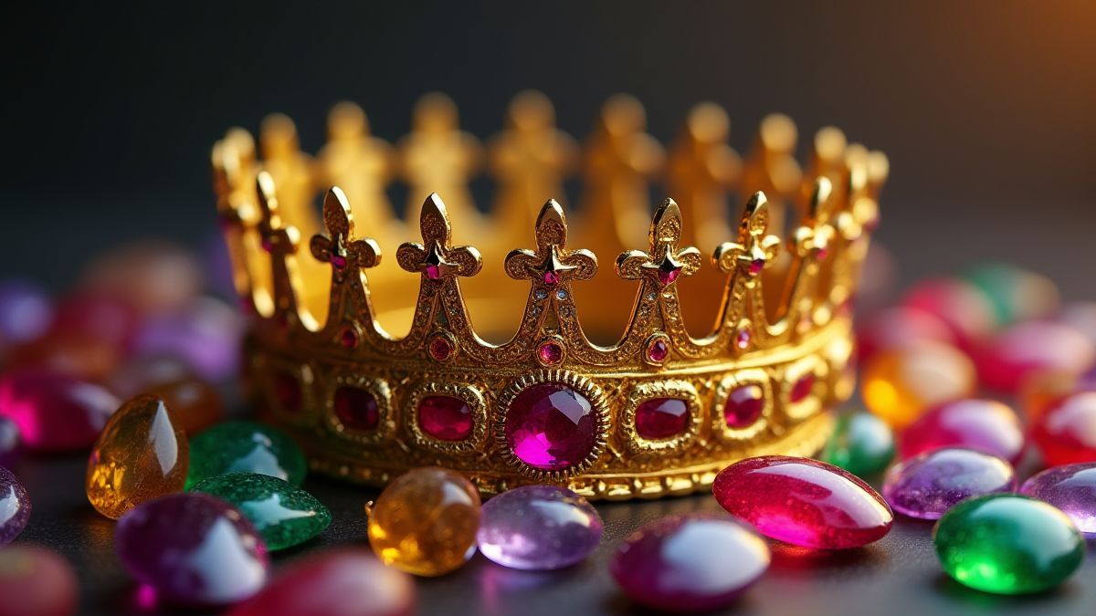 Gouden kroon omringd door kostbare edelstenen.