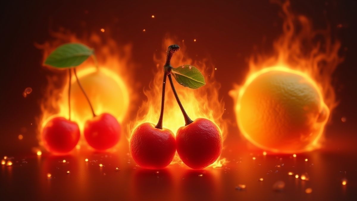 Klassieke fruitsymbolen zoals kersen en citroenen in brand.