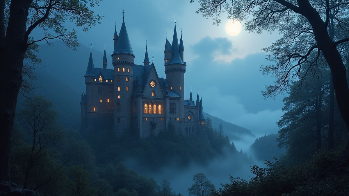Ein mittelalterliches Schloss, umgeben von einem magischen Wald mit leuchtendem Licht.