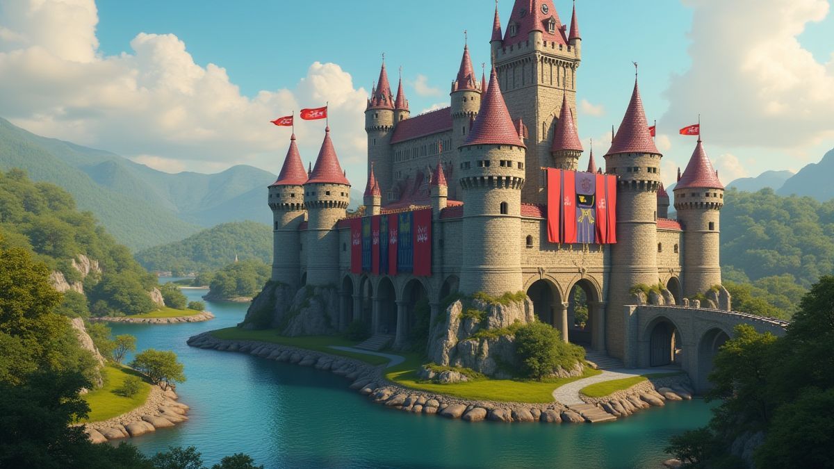 Un castillo medieval rodeado de un foso con caballeros y estandartes visibles.
