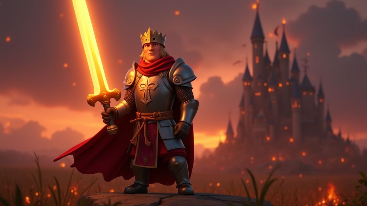 Un caballero medieval con una espada brillante frente a un campo de batalla.