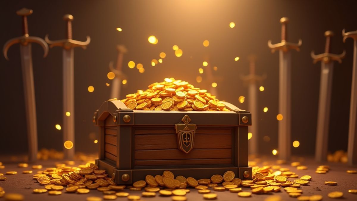 Un cofre del tesoro lleno de monedas rodeado de espadas y escudos medievales.