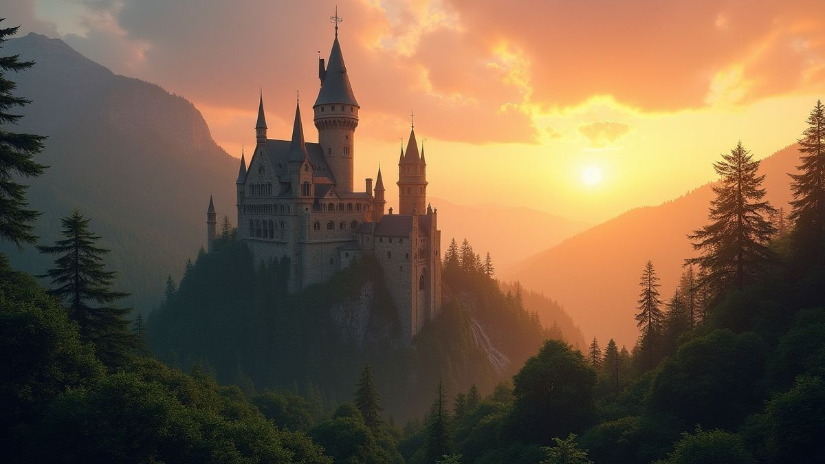 Ein mittelalterliches Schloss umgeben von üppigen Wäldern und einem leuchtenden Sonnenuntergang.