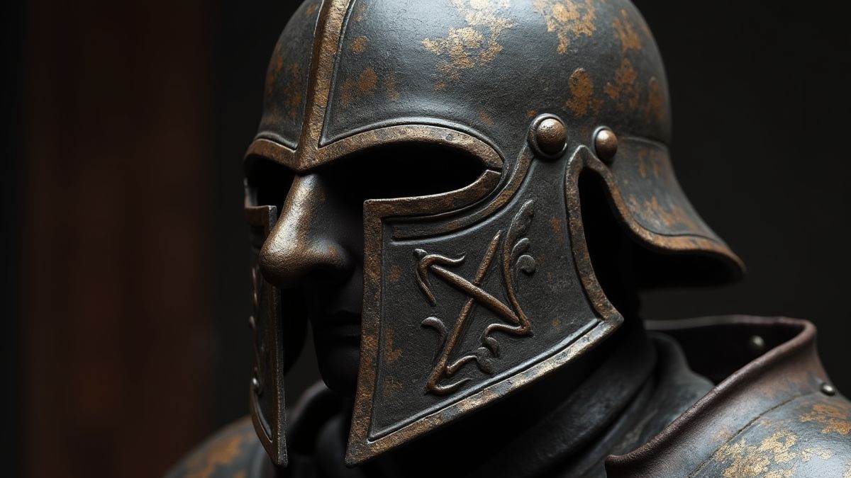 Ein mittelalterlicher Helm mit komplizierten Designs.