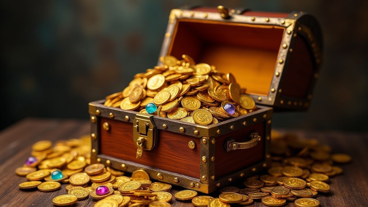 Eine Schatztruhe, die überquillt mit Goldmünzen und Juwelen.