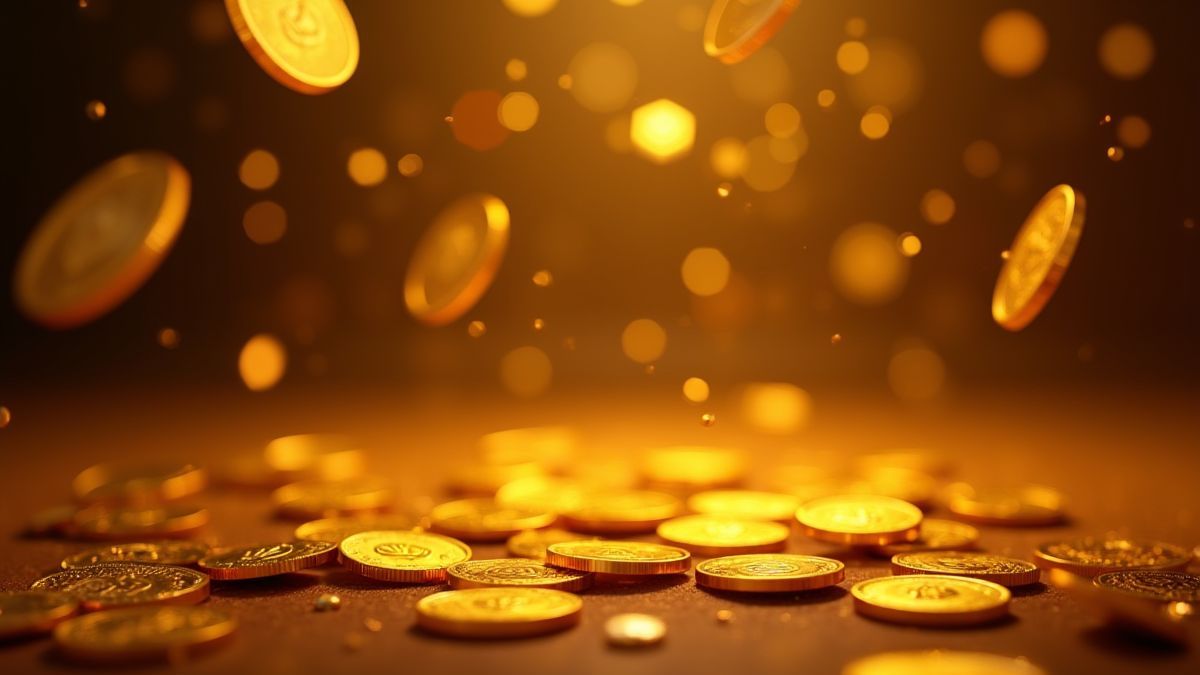 Glänzende goldene Münzen, die in einer magischen Umgebung herabregnen