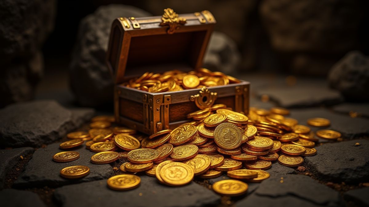 Goldmünzen und Schatztruhen in einer antiken Krypta.