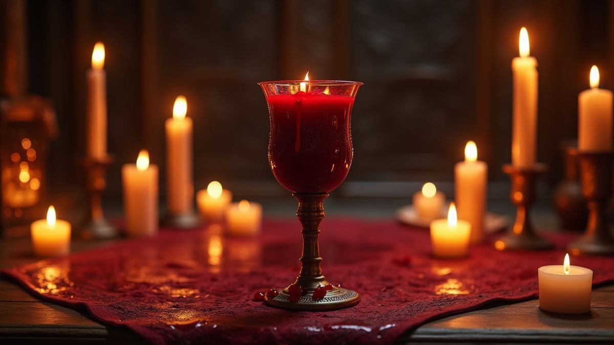 Cáliz de sangre en un altar medieval rodeado de velas.