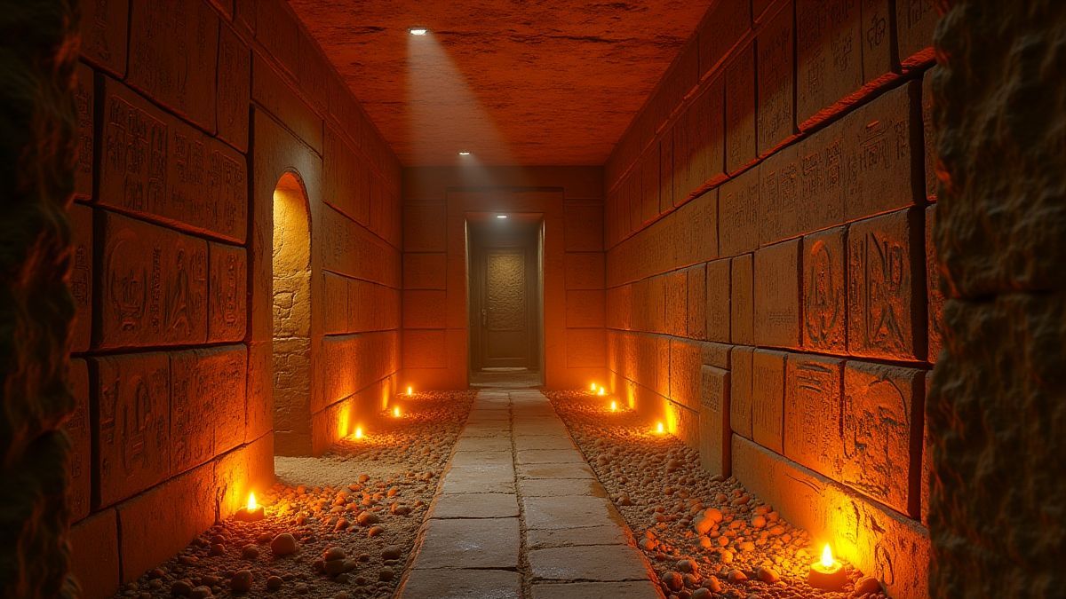 Egyptian tomb with glowing hieroglyphs and scattered treasures.