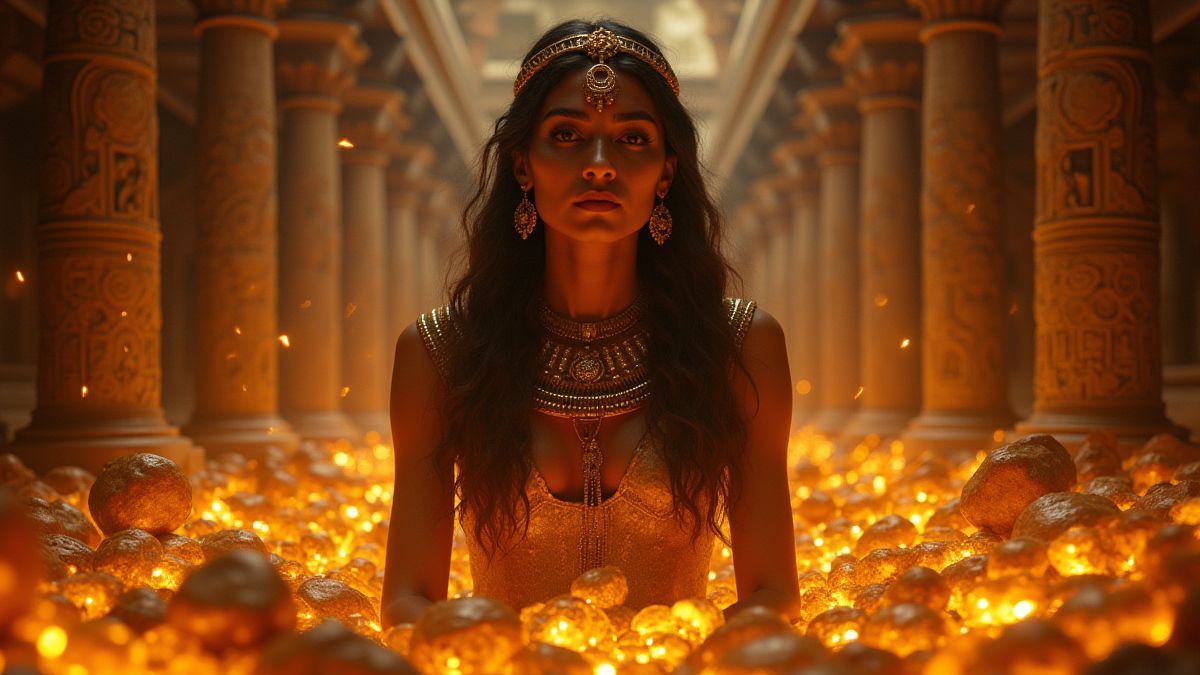 Egyptian queen surrounded by glowing treasures and mystical energy.