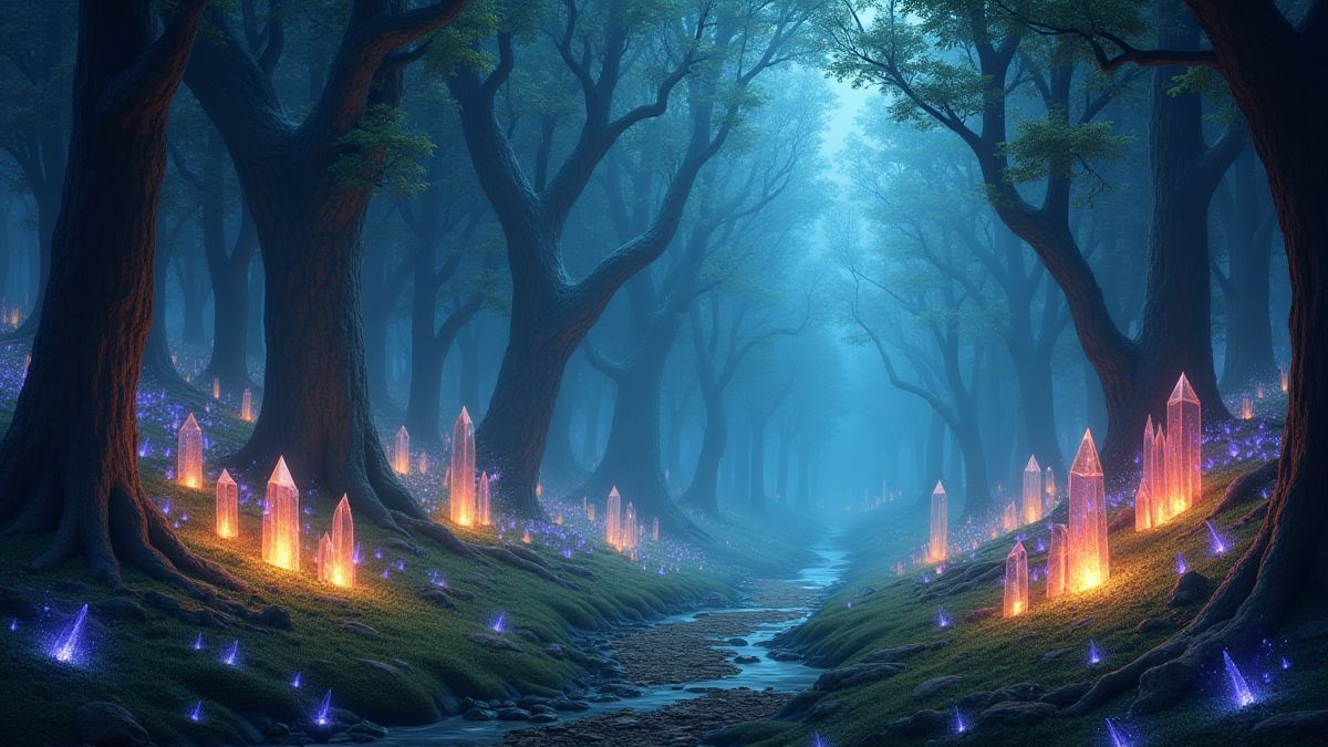 Um bosque místico cheio de cristais brilhantes e criaturas mágicas.