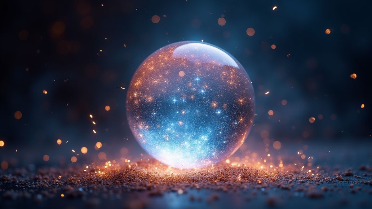 Uma bola de cristal brilhante rodeada de faíscas mágicas.