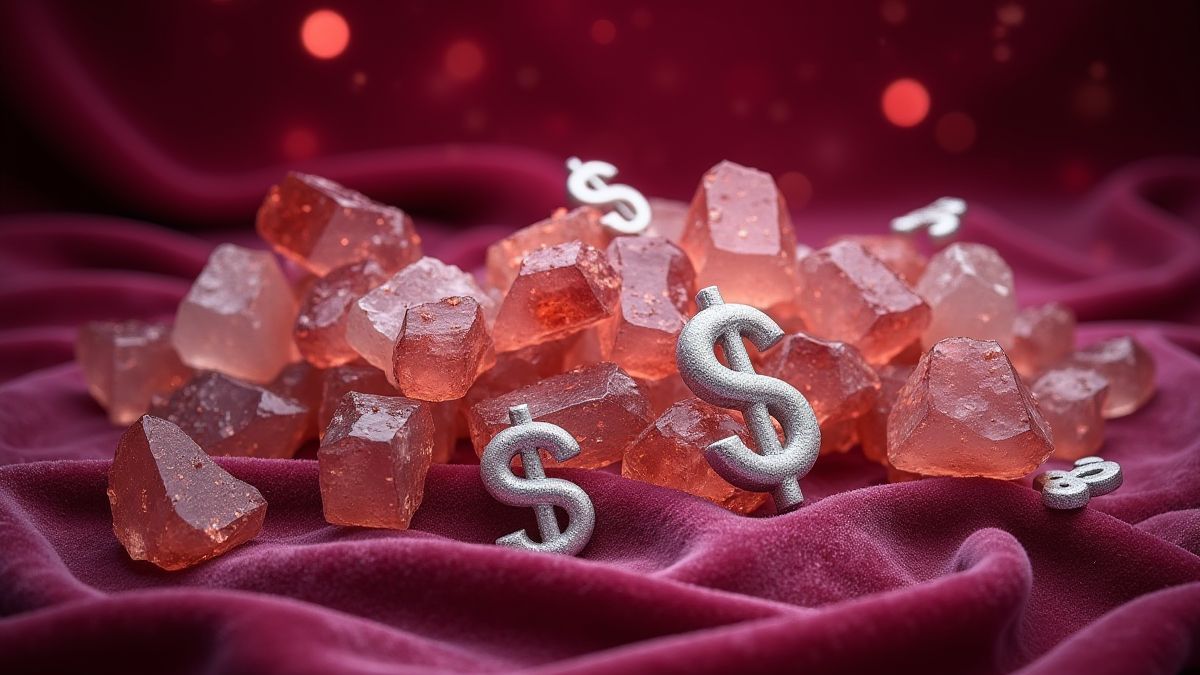 Glänzende Kristalle und Dollarzeichen auf einem Samthintergrund.