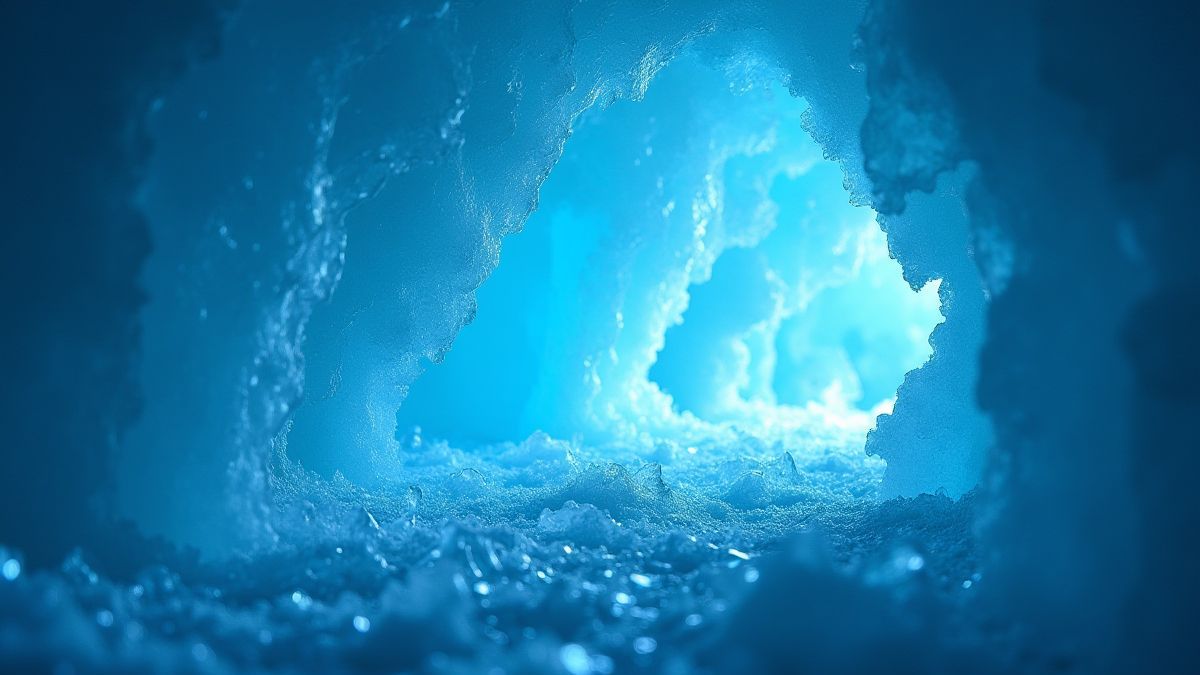 A glowing ice cave with radiant crystals lit by blue light.