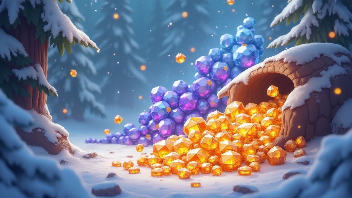 An animated representation of cascading gems and golden multipliers in a winter environment.