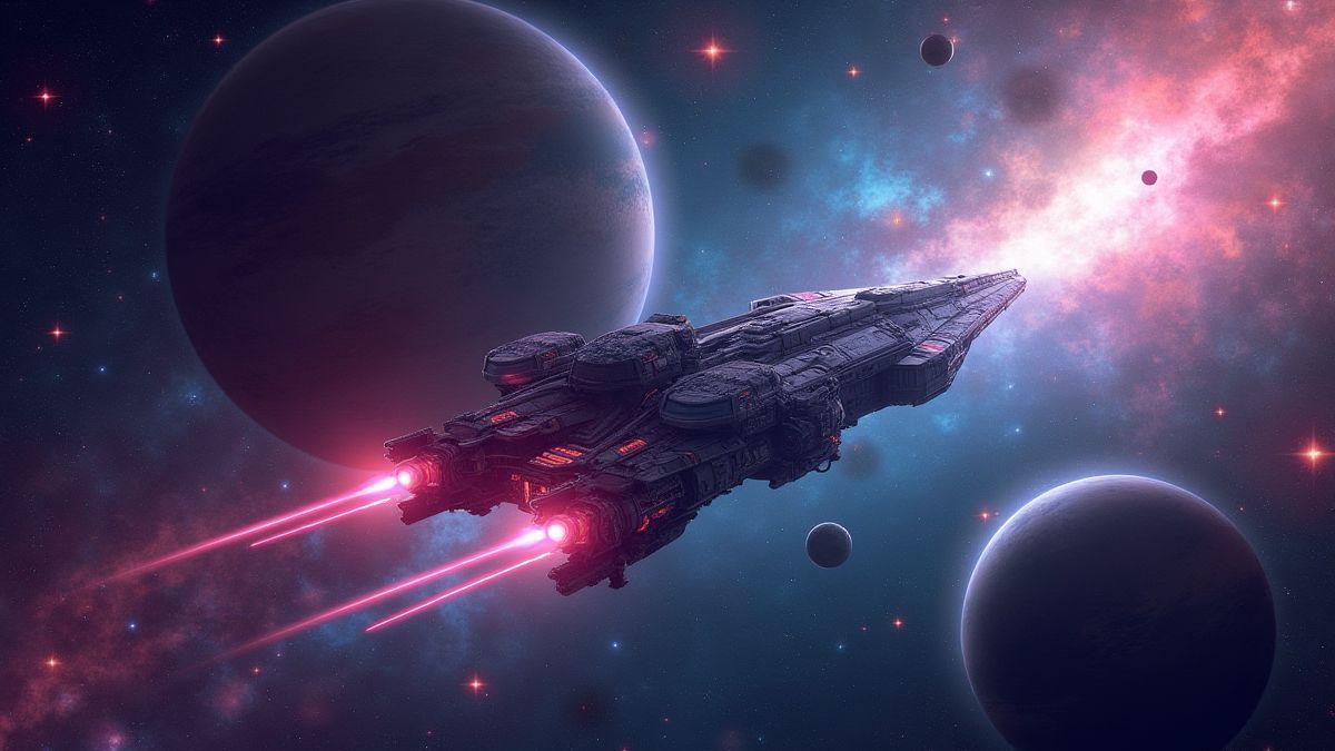 Una nave espacial futurista volando entre estrellas y planetas coloridos.