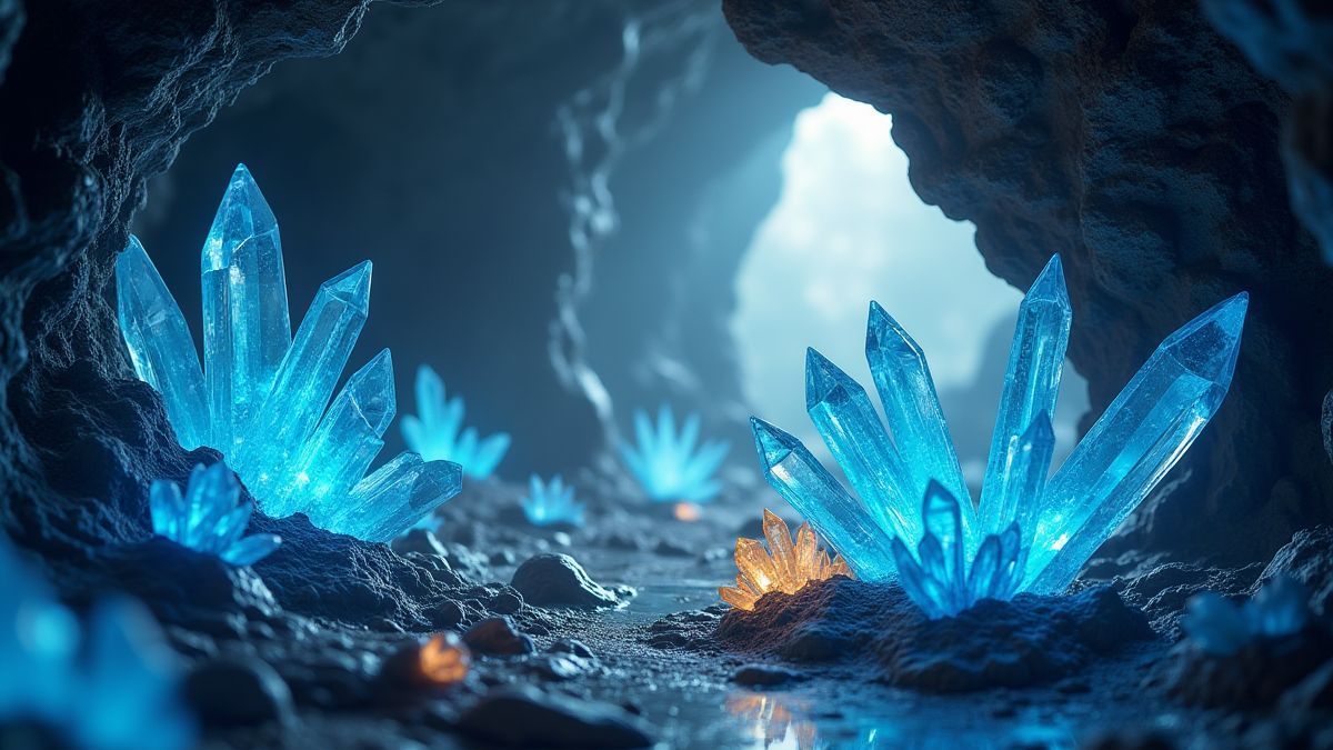 Cristales azules y amarillos brillando en una cueva futurista.