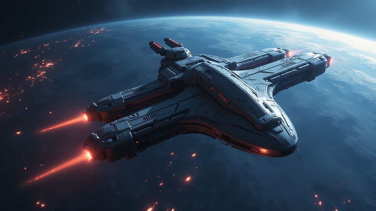 Una estación espacial futurista orbitando un planeta con cristales brillantes visibles.
