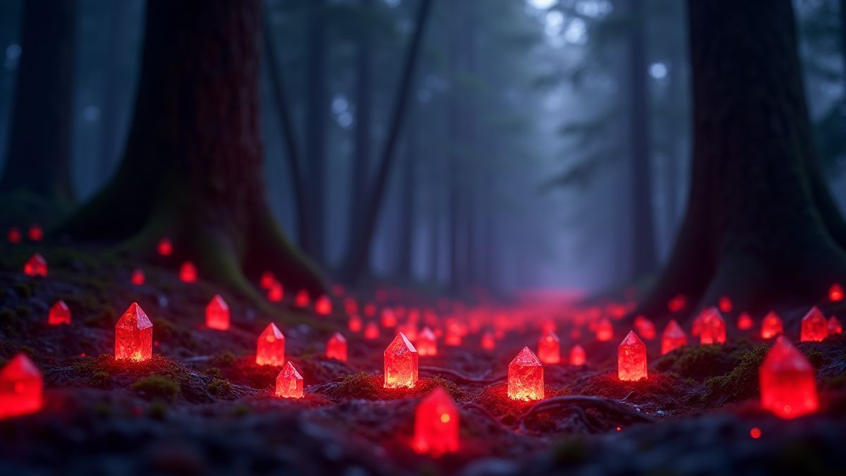 Leuchtende rote Kristalle in einem magischen Wald.