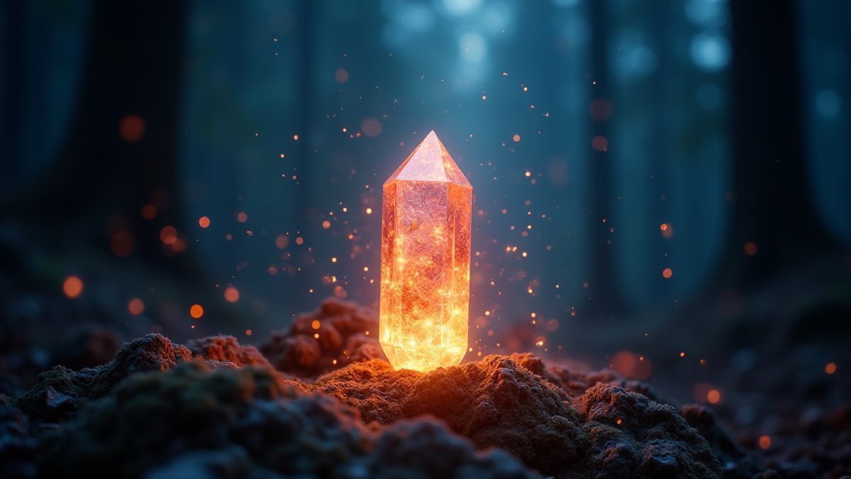 A shining crystal in the midst of a magical forest.