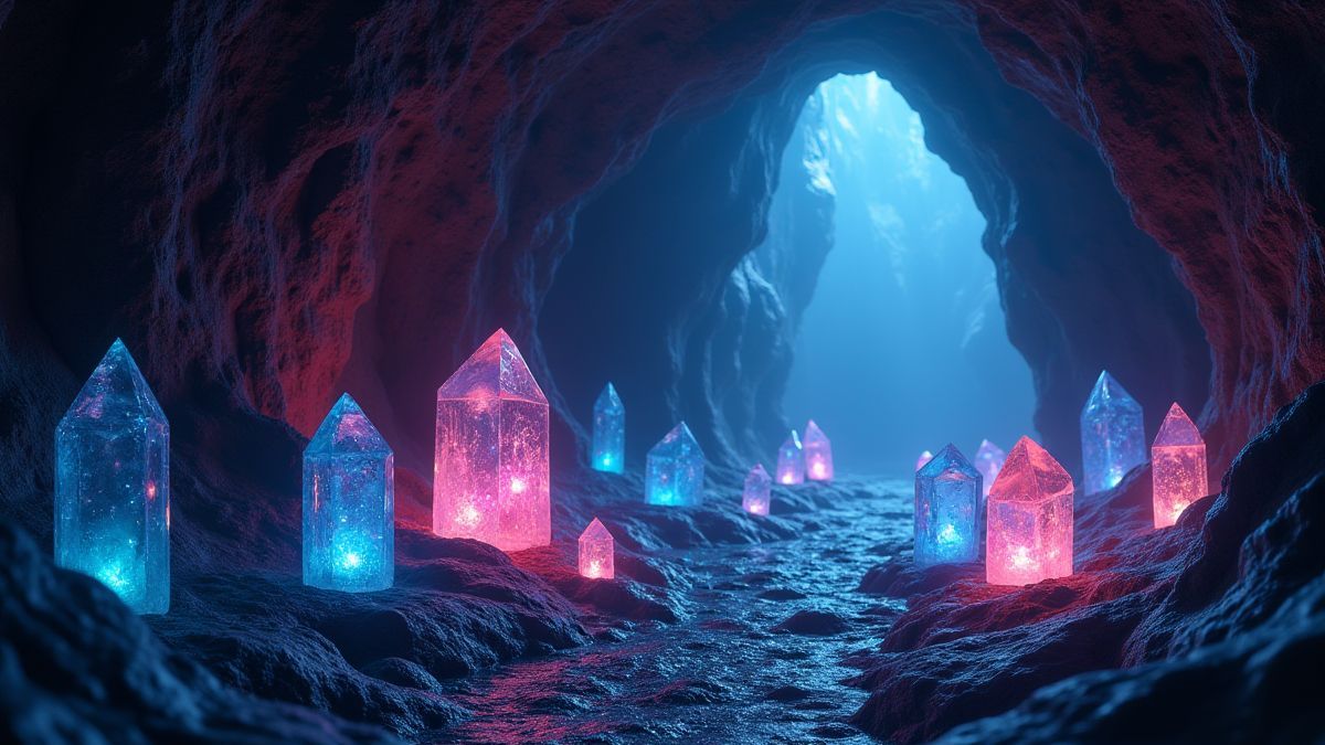 Mystical lights and shining crystals in an enchanted cave.