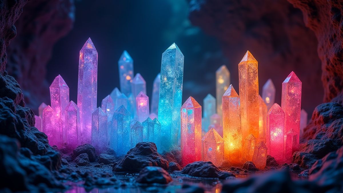 Cristales coloridos brillando en una cueva oscura con efectos de luces resplandecientes.