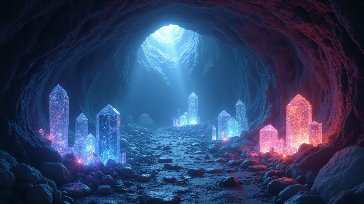 Una cueva encantada llena de cristales brillantes rodeados de luces suaves y resplandecientes.
