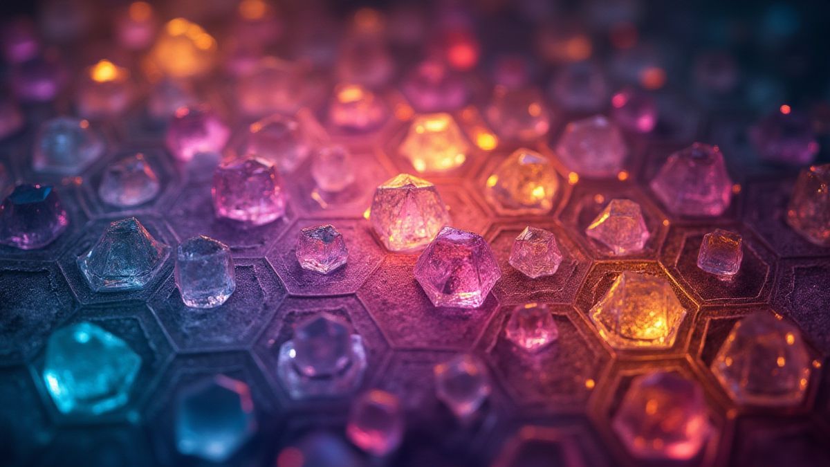 Een heldere hexagonale grid vol met kleurrijke kristallen.