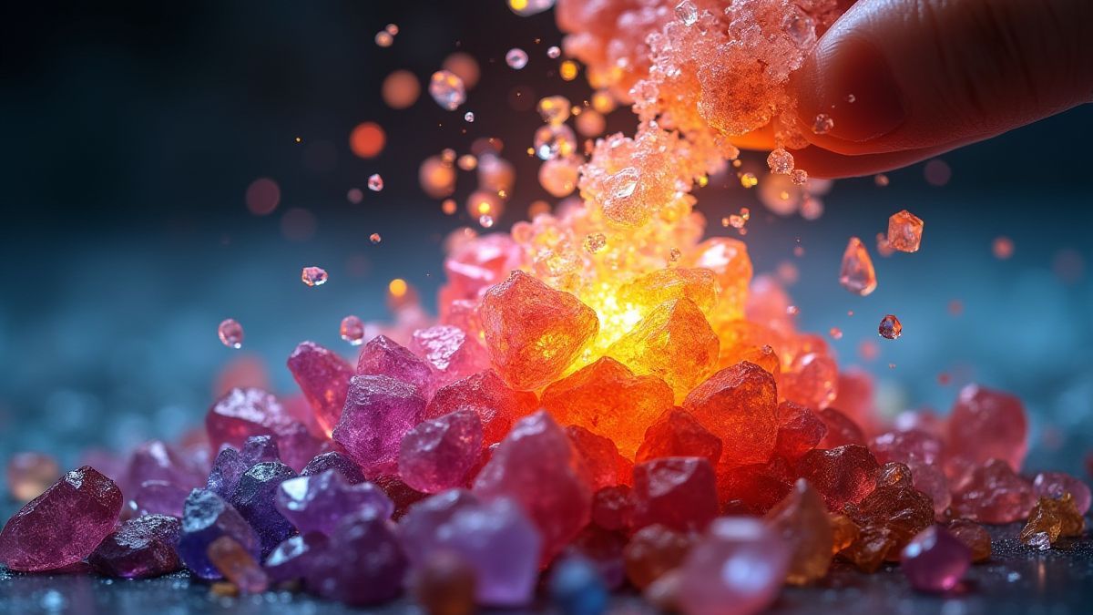 Kleurige kristallen die worden gekneusd en stralende energie vrijgeven.