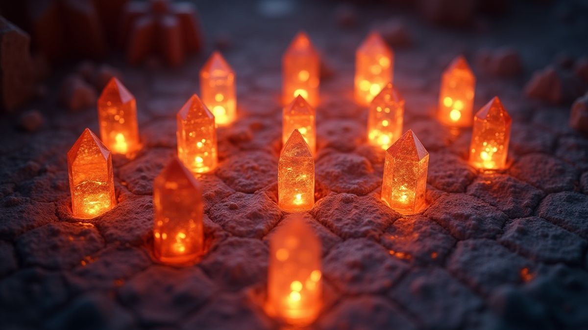 Glanzende kristallen strategisch geplaatst op een hexagonale grid.