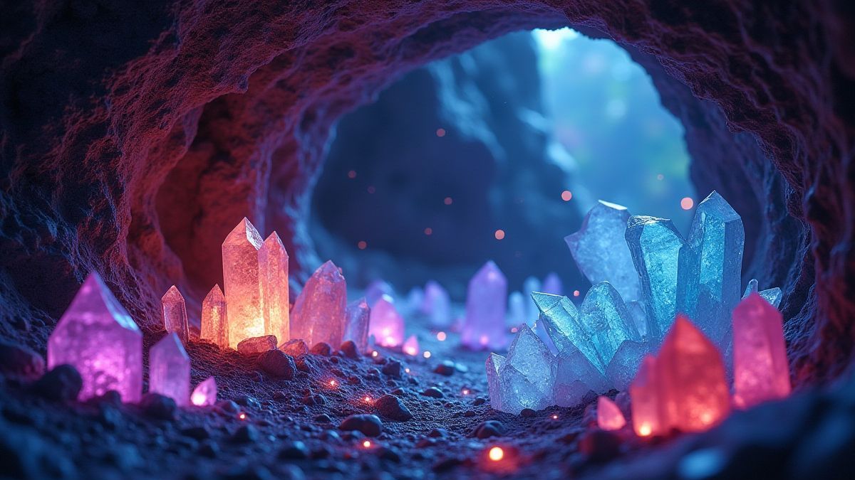 Une caverne pleine de gemmes brillantes et de cristaux magiques.