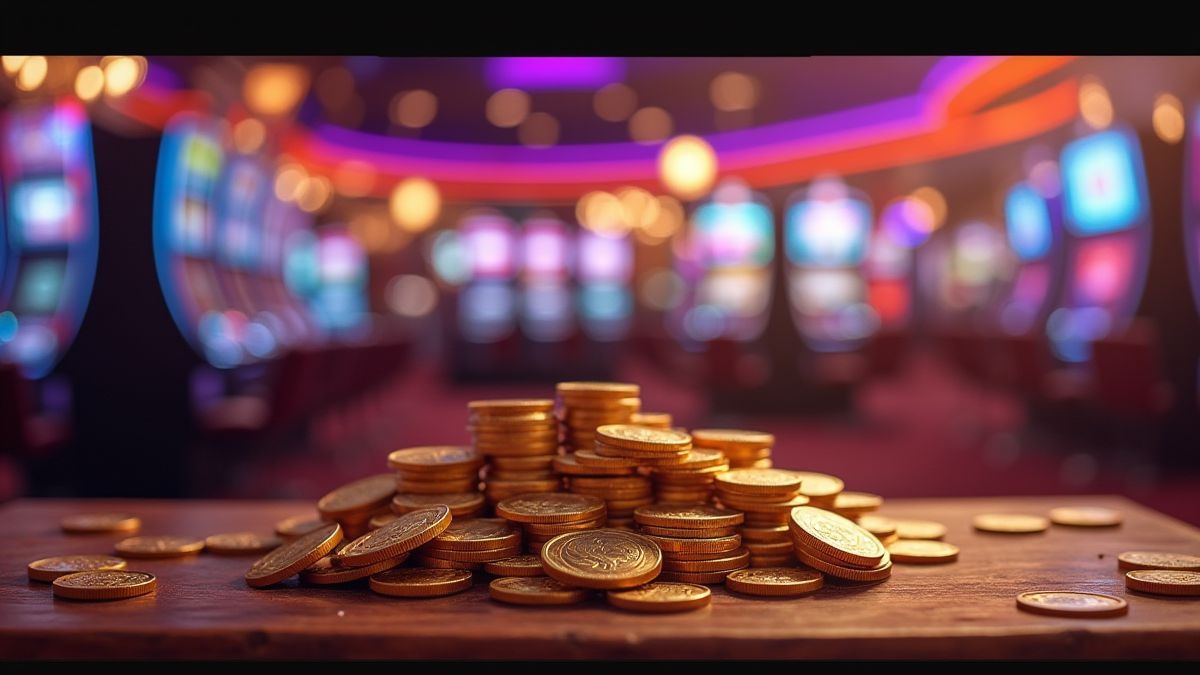 Des pièces et des rouleaux tournant dans un casino coloré.