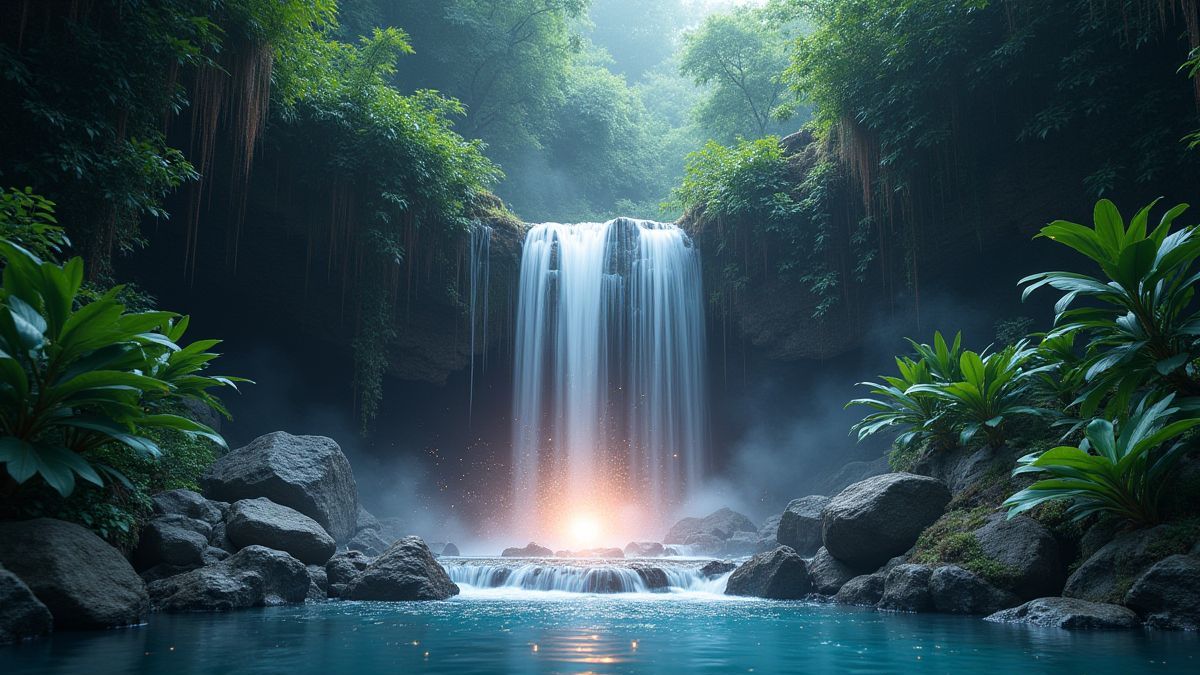 Una cascada de cristal resplandeciente rodeada de vegetación exuberante y gemas brillantes.