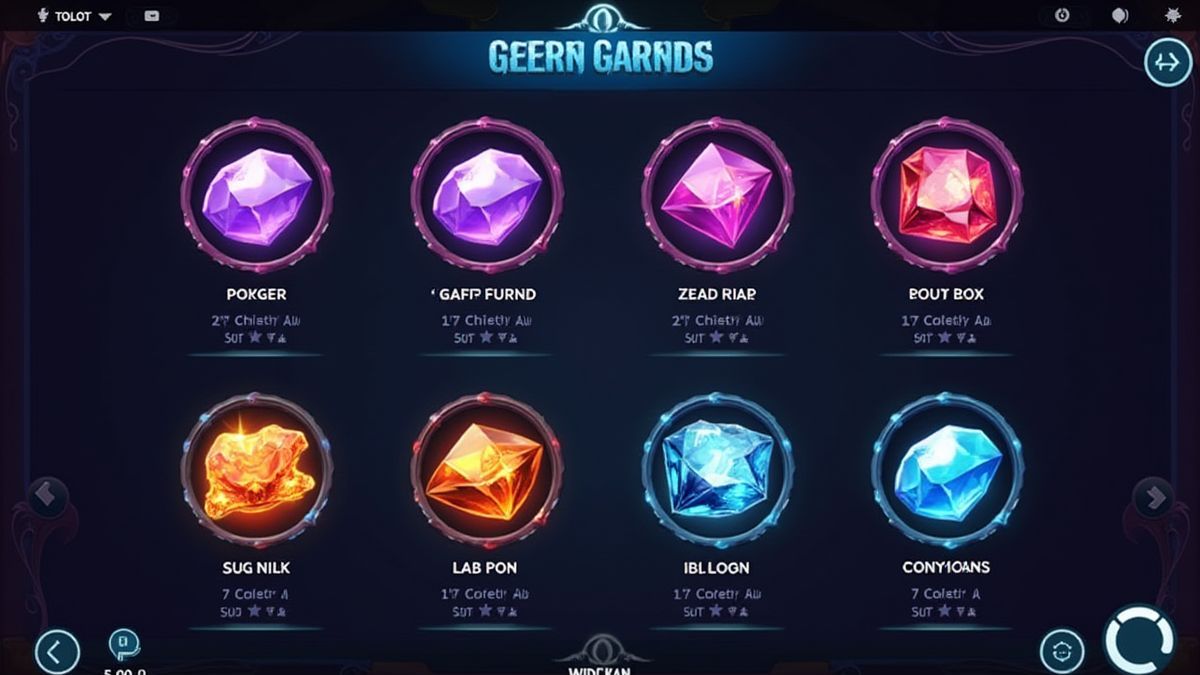 Interfaz digital mostrando configuraciones de máquina tragamonedas con iconos temáticos de cristales.