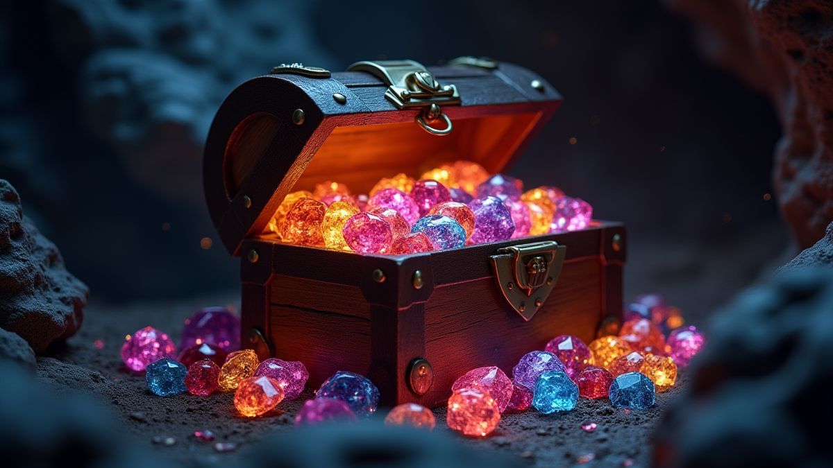 Un cofre lleno de gemas brillantes.