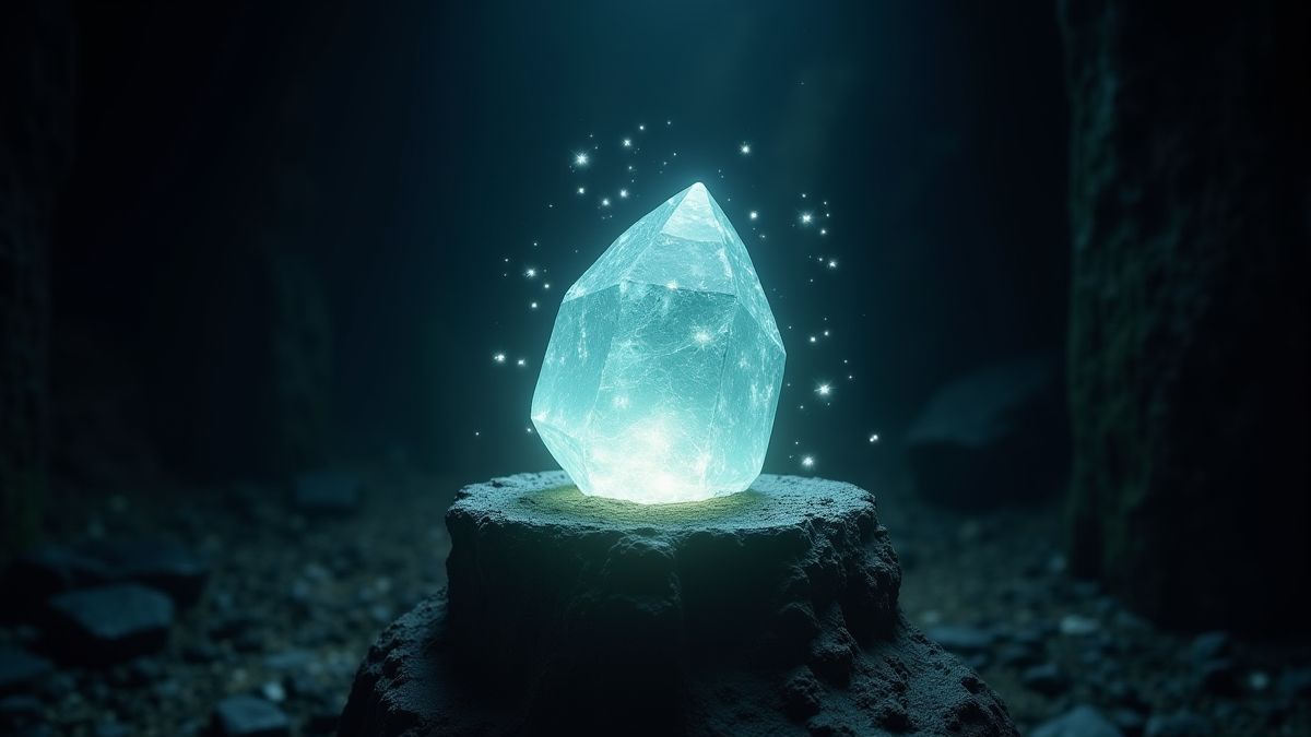 Un cristal brillante en una cueva misteriosa.
