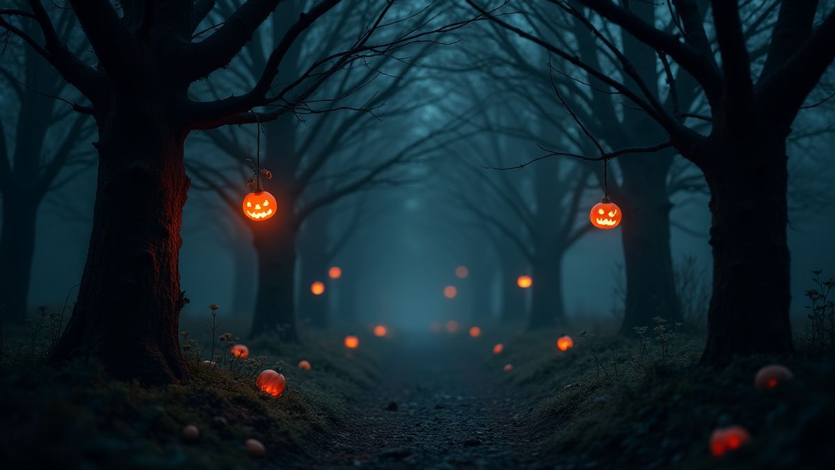 Ein Halloween-Wald mit leuchtenden Früchten, die von gruseligen Bäumen hängen.