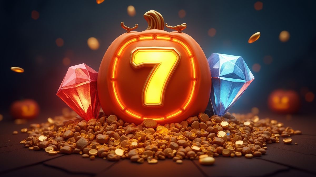 Leuchtendes Jackpot-Symbol mit Diamanten, Gold und Platin in einer Halloween-Umgebung.