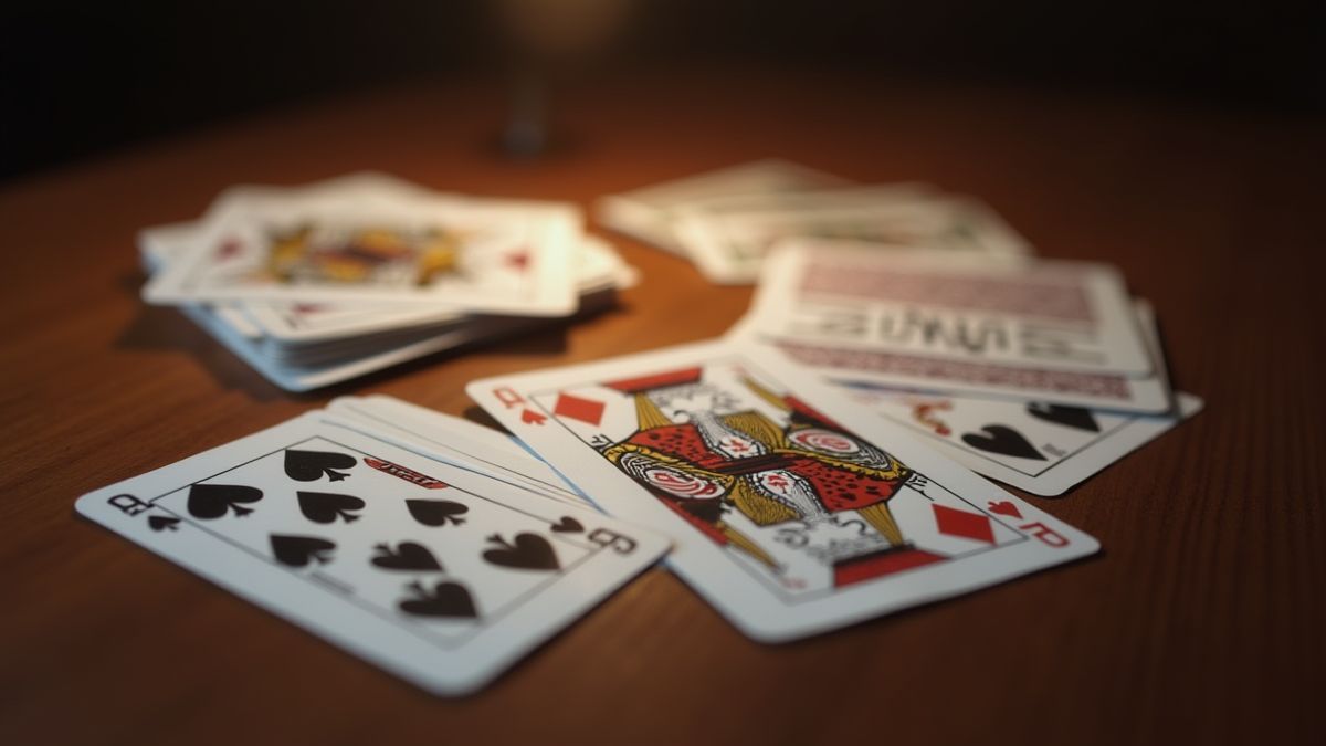 Baralho de cartas sobre uma mesa de madeira