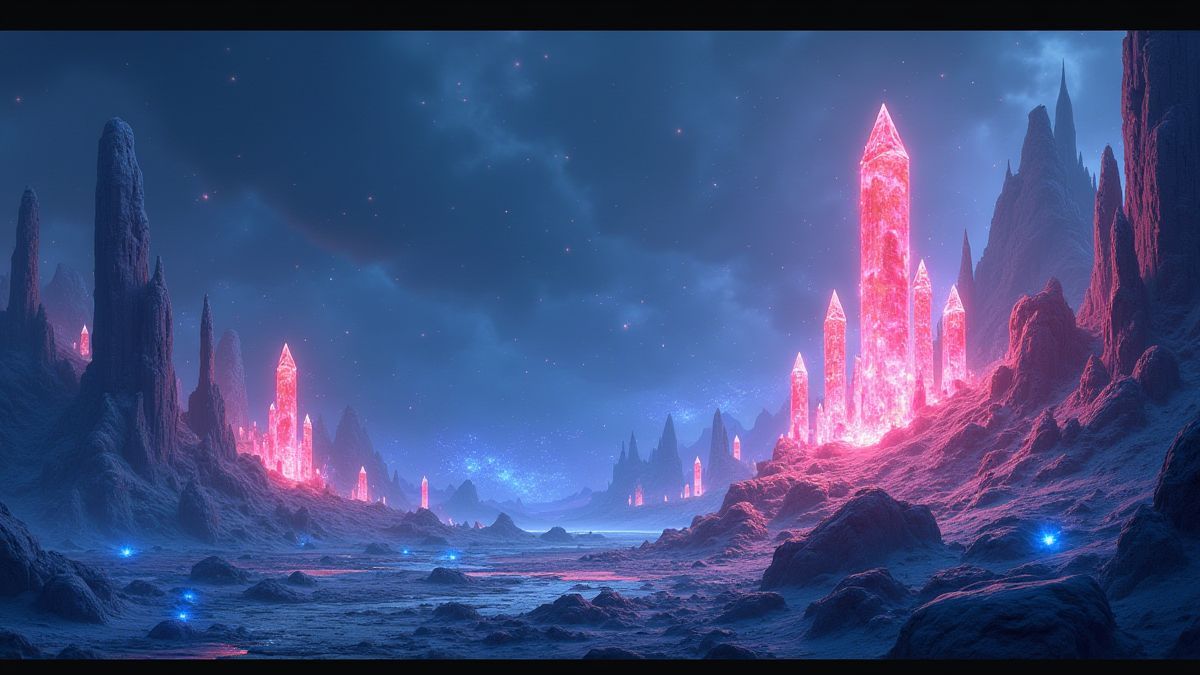 Fantastische Landschaft mit leuchtenden Kristallen und magischen Funken.