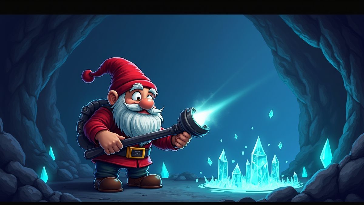 Um gnomo ajustando equipamento de mineração em uma caverna de cristais brilhantes.
