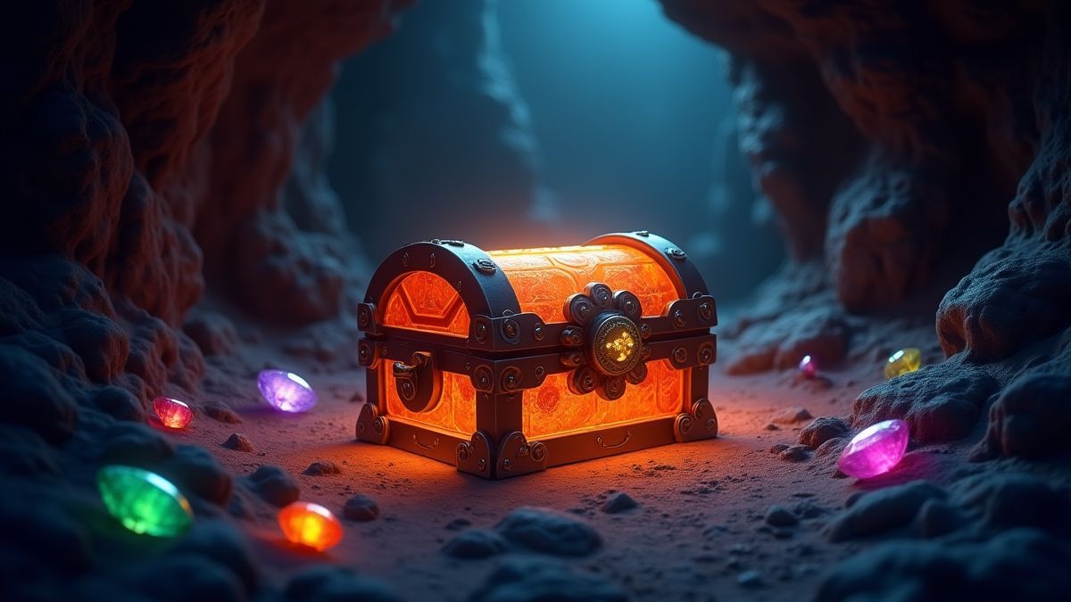 Um cofre do tesouro iluminado rodeado de gemas brilhantes em uma caverna escura.