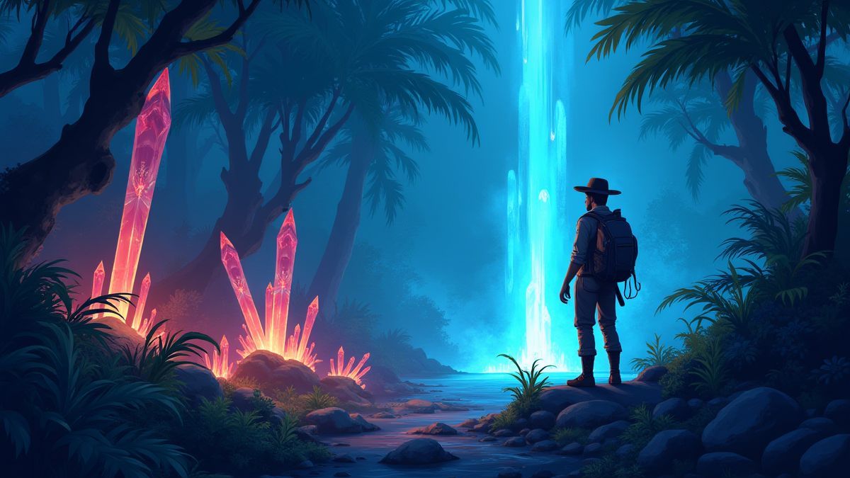 Cristales brillantes en una jungla misteriosa con una exploradora aventurera.