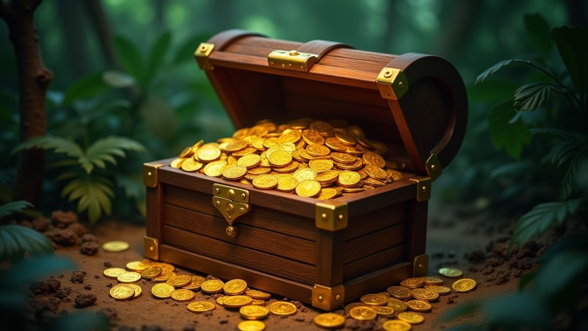 Un cofre del tesoro lleno de monedas de oro en un entorno de jungla.