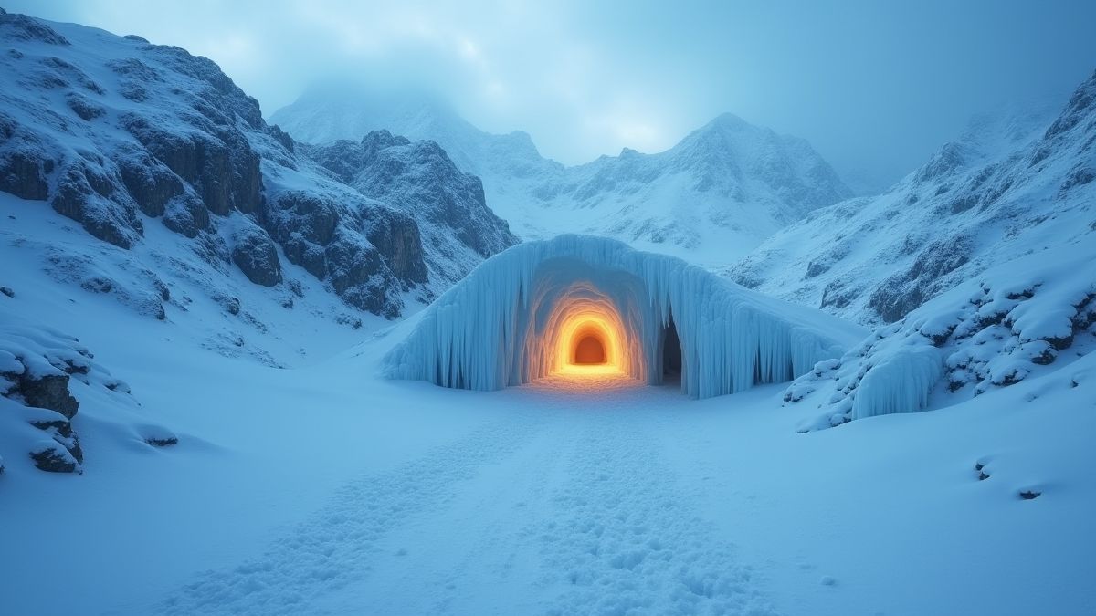 Uma montanha nevada com a entrada de uma caverna congelada.