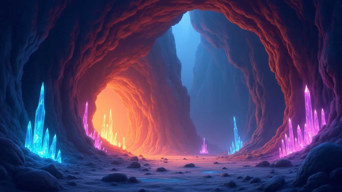 Une grotte avec cristaux multicolores et une brume magique dans l'air.